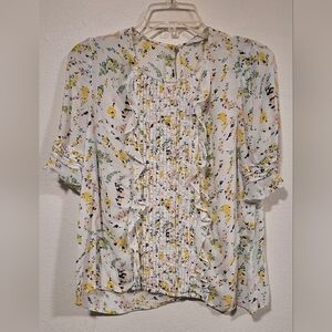 Lucky Brand White and Yellow Ruffled Bib Collar Blouse Sz Small